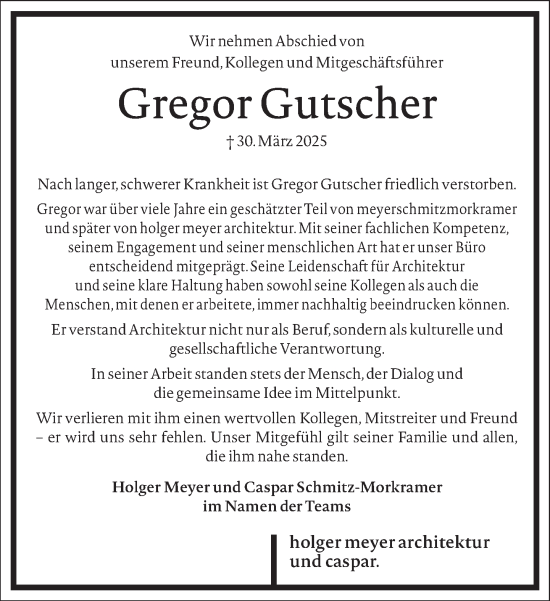 Traueranzeige von Gregor Gutscher von Frankfurter Allgemeine Zeitung