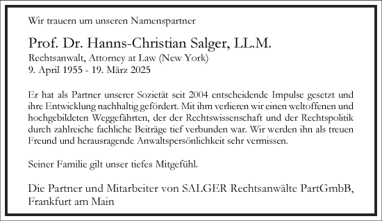 Traueranzeige von Hanns-Christian Salger von Frankfurter Allgemeine Zeitung