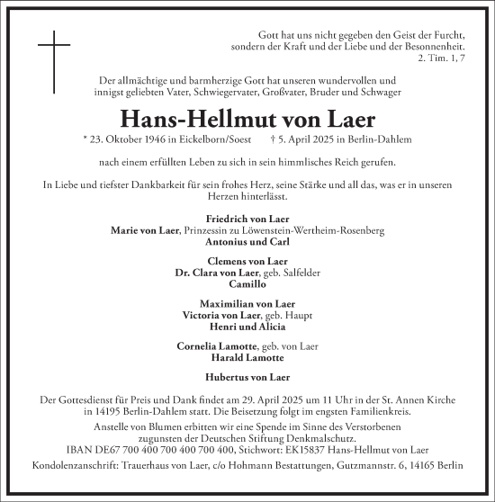 Traueranzeige von Hans-Hellmut von Laer von Frankfurter Allgemeine Zeitung