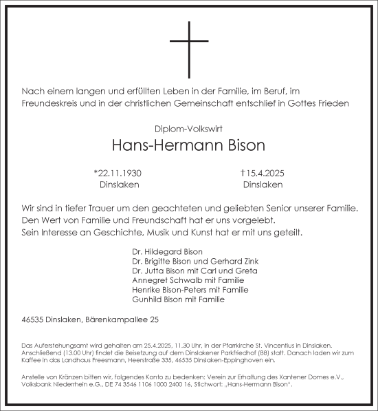 Traueranzeige von Hans-Hermann Bison von Frankfurter Allgemeine Zeitung