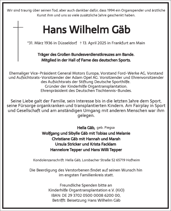 Traueranzeige von Hans Wilhelm Gäb von Frankfurter Allgemeine Zeitung