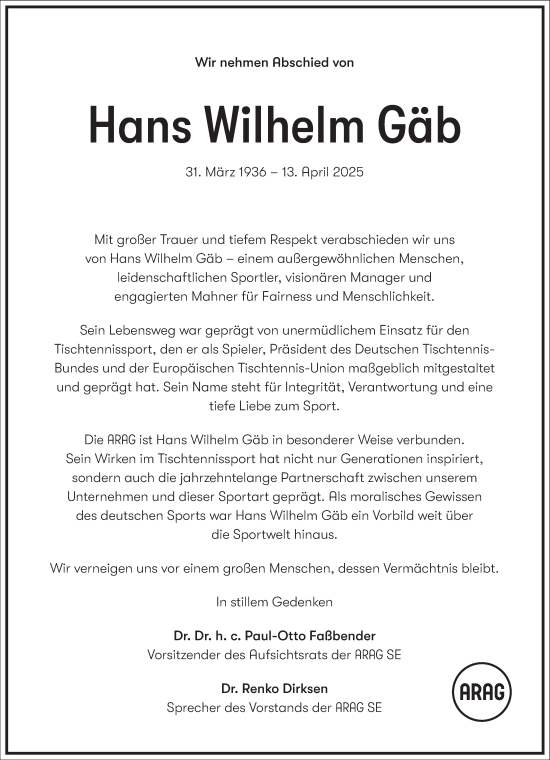 Traueranzeige von Hans Wilhelm Gäb von Frankfurter Allgemeine Zeitung