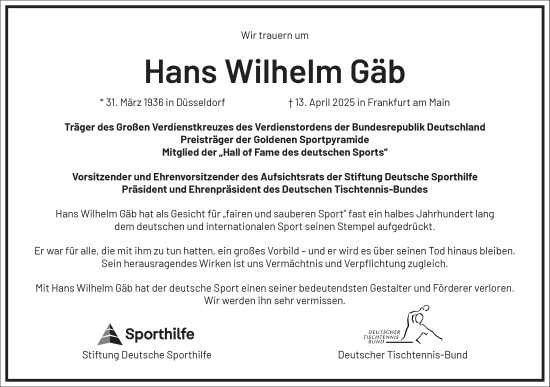 Traueranzeige von Hans Wilhelm Gäb von Frankfurter Allgemeine Zeitung
