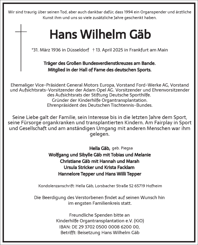  Traueranzeige für Hans Wilhelm Gäb vom 19.04.2025 aus Frankfurter Allgemeine Zeitung