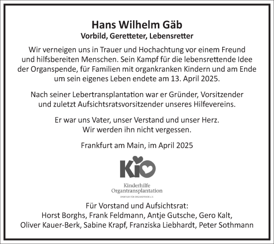 Traueranzeige von Hans Wilhelm Gäb von Frankfurter Allgemeine Zeitung