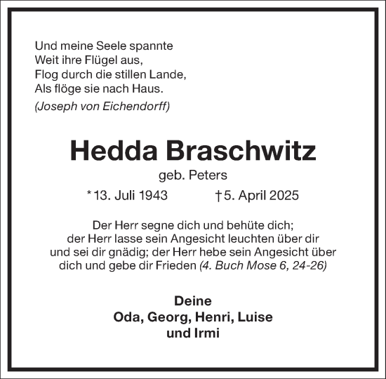 Traueranzeige von Hedda Braschwitz von Frankfurter Allgemeine Zeitung