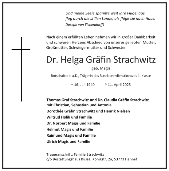 Traueranzeige von Helga Gräfin Strachwitz von Frankfurter Allgemeine Zeitung