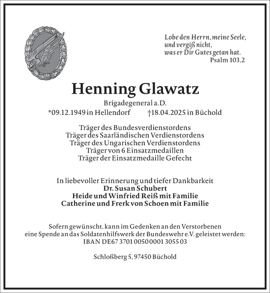 Traueranzeige von Henning Glawatz von Frankfurter Allgemeine Zeitung