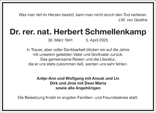 Traueranzeige von Herbert Schmellenkamp von Frankfurter Allgemeine Zeitung