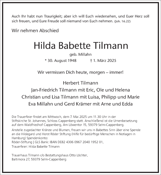 Traueranzeige von Hilda Babette Tilmann von Frankfurter Allgemeine Zeitung