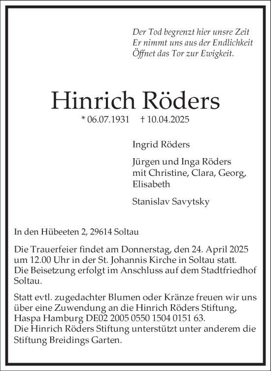 Traueranzeige von Hinrich Röders von Frankfurter Allgemeine Zeitung