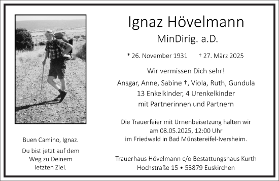 Traueranzeige von Ignaz Hövelmann von Frankfurter Allgemeine Zeitung