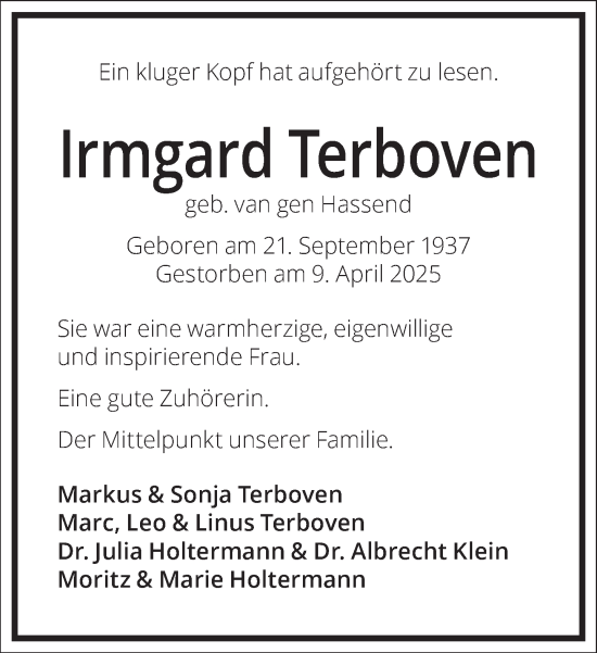 Traueranzeige von Irmgard Terboven von Frankfurter Allgemeine Zeitung