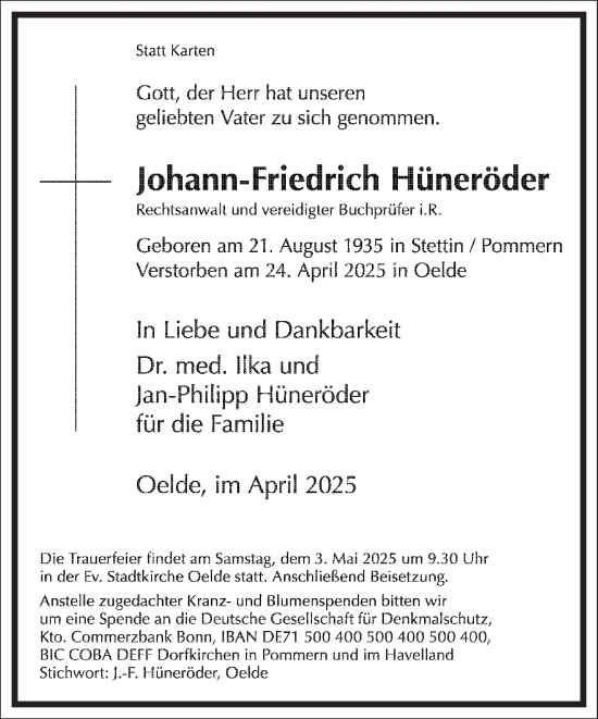 Traueranzeige von Johann-Friedrich Hüneröder von Frankfurter Allgemeine Zeitung