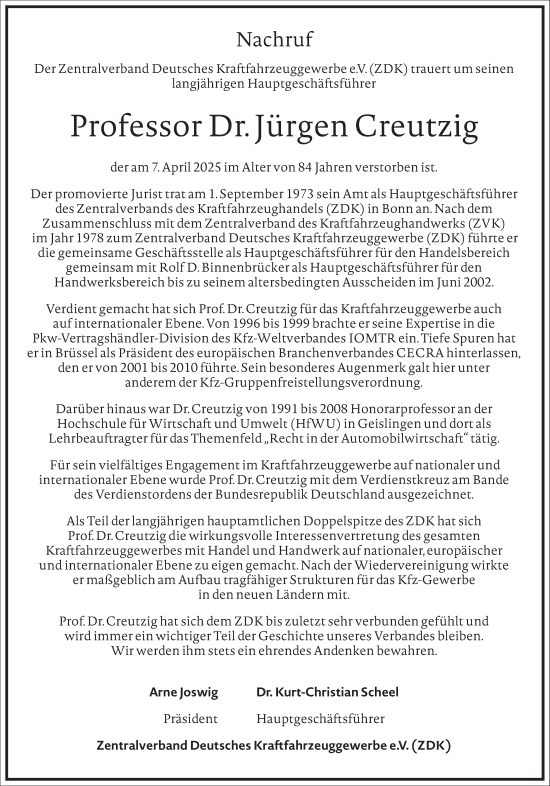 Traueranzeige von Jürgen Creutzig von Frankfurter Allgemeine Zeitung