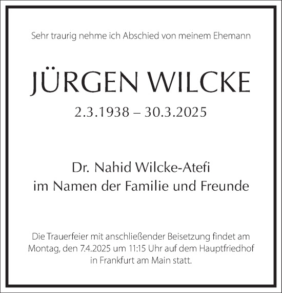 Traueranzeige von Jürgen Wilcke von Frankfurter Allgemeine Zeitung