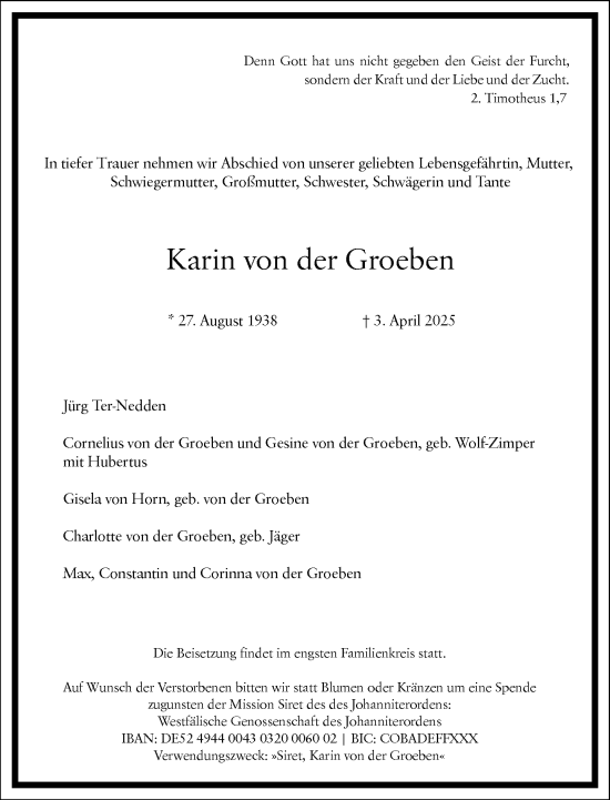 Traueranzeige von Karin von der Groeben von Frankfurter Allgemeine Zeitung