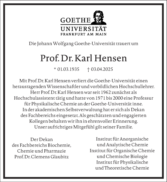 Traueranzeige von Karl Hensen von Frankfurter Allgemeine Zeitung
