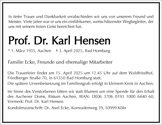Traueranzeige von Karl Hensen von Frankfurter Allgemeine Zeitung