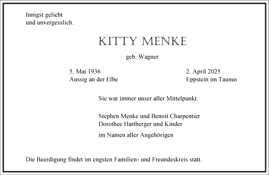 Traueranzeige von Kitty Menke von Frankfurter Allgemeine Zeitung