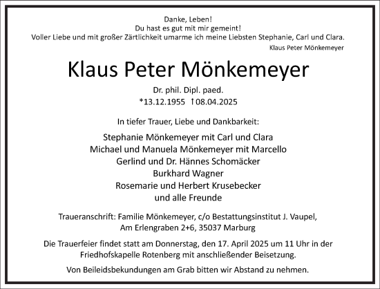 Traueranzeige von Klaus Peter Mönkemeyer von Frankfurter Allgemeine Zeitung