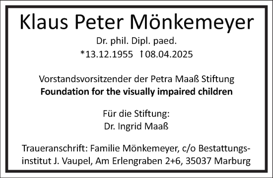Traueranzeige von Klaus Peter Mönkemeyer von Frankfurter Allgemeine Zeitung