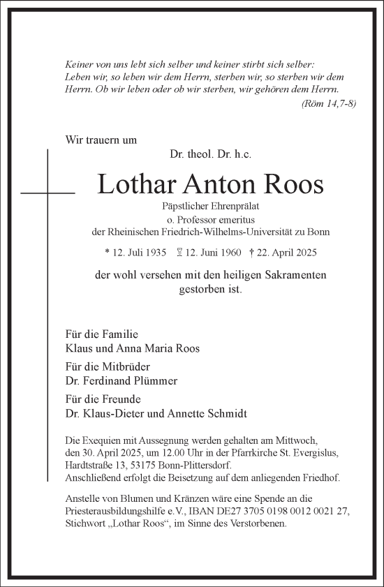 Traueranzeige von Lothar Anton Roos von Frankfurter Allgemeine Zeitung