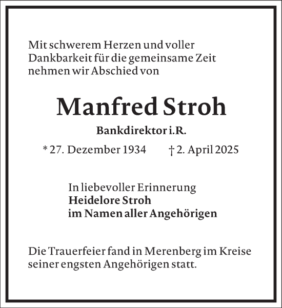 Traueranzeige von Manfred Stroh von Frankfurter Allgemeine Zeitung