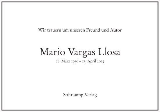 Traueranzeige von Mario Vargas Llosa von Frankfurter Allgemeine Zeitung