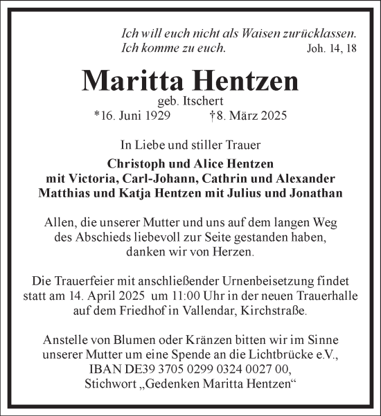 Traueranzeige von Maritta Hentzen von Frankfurter Allgemeine Zeitung