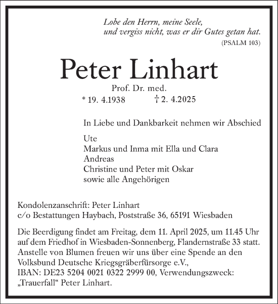 Traueranzeige von Peter Linhart von Frankfurter Allgemeine Zeitung