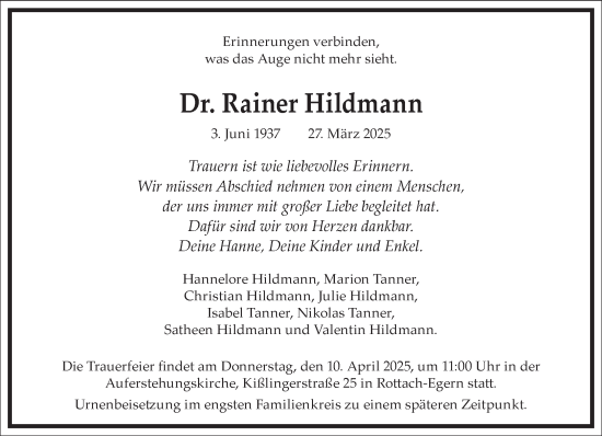 Traueranzeige von Rainer Hildmann von Frankfurter Allgemeine Zeitung