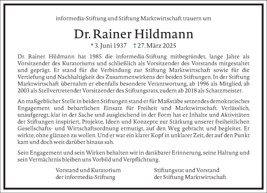 Traueranzeige von Rainer Hildmann von Frankfurter Allgemeine Zeitung