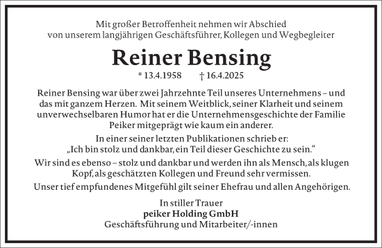 Traueranzeige von Reiner Bensing von Frankfurter Allgemeine Zeitung