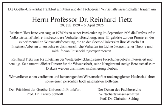 Traueranzeige von Reinhard Tietz von Frankfurter Allgemeine Zeitung