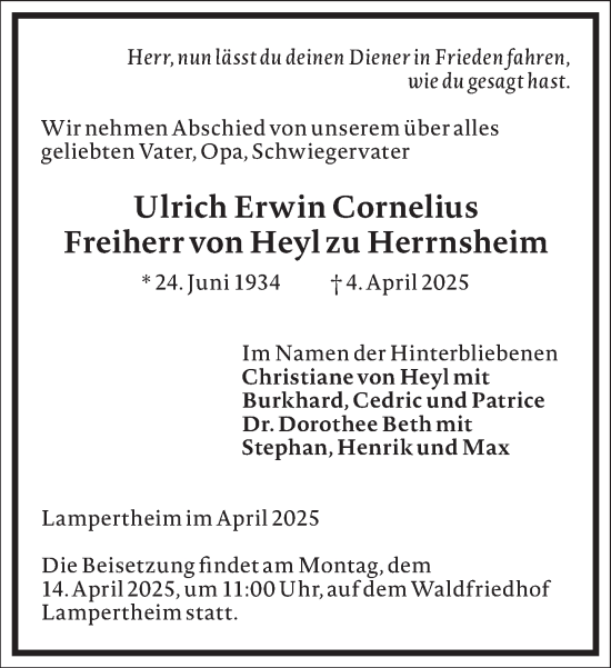 Traueranzeige von Ulrich Erwin Cornelius Freiherr von Heyl zu Herrnsheim von Frankfurter Allgemeine Zeitung