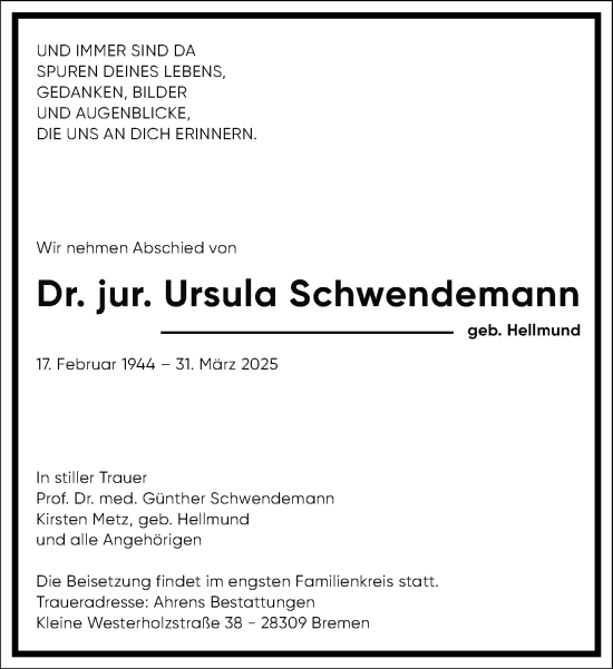 Traueranzeige von Ursula Schwendemann von Frankfurter Allgemeine Zeitung