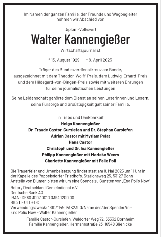 Traueranzeige von Walter Kannengießer von Frankfurter Allgemeine Zeitung