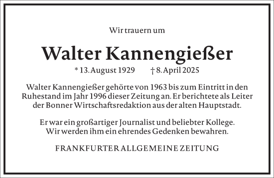 Traueranzeige von Walter Kannengießer von Frankfurter Allgemeine Zeitung