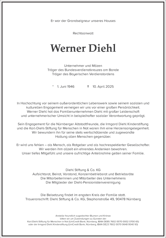 Traueranzeige von Werner Diehl von Frankfurter Allgemeine Zeitung