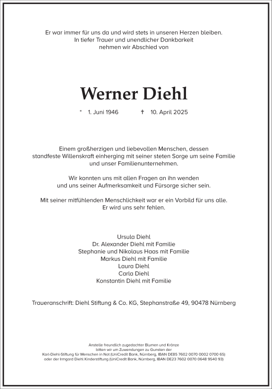 Traueranzeige von Werner Diehl von Frankfurter Allgemeine Zeitung
