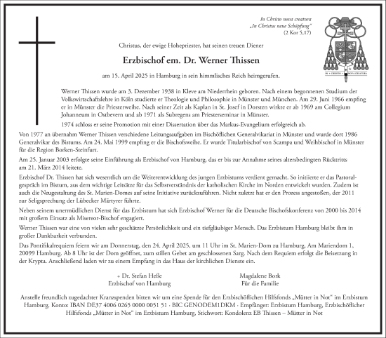 Traueranzeige von Werner Thissen von Frankfurter Allgemeine Zeitung