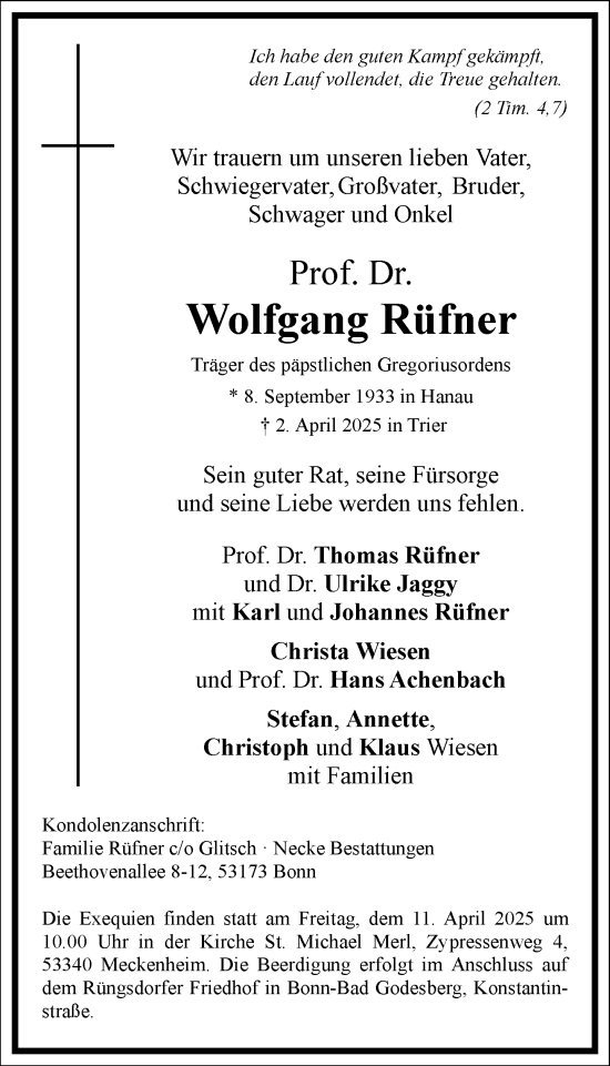 Traueranzeige von Wolfgang Rüfner von Frankfurter Allgemeine Zeitung