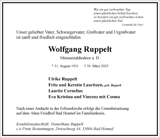 Traueranzeige von Wolfgang Ruppelt von Frankfurter Allgemeine Zeitung