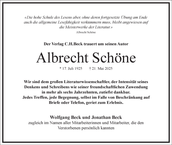 Traueranzeige von Albrecht Schöne von Frankfurter Allgemeine Zeitung