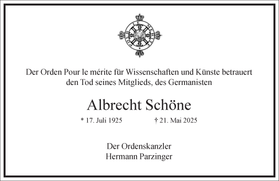 Traueranzeige von Albrecht Schöne von Frankfurter Allgemeine Zeitung