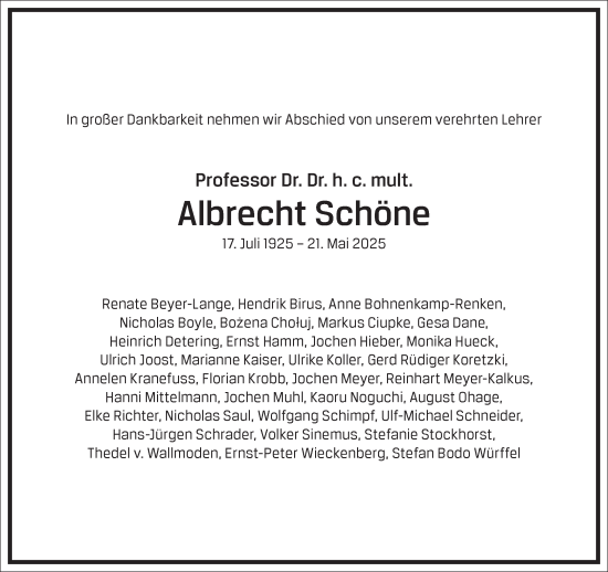 Traueranzeige von Albrecht Schöne von Frankfurter Allgemeine Zeitung