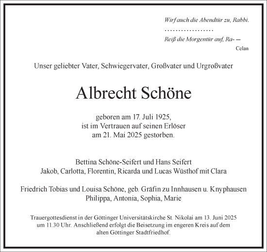 Traueranzeige von Albrecht Schöne von Frankfurter Allgemeine Zeitung