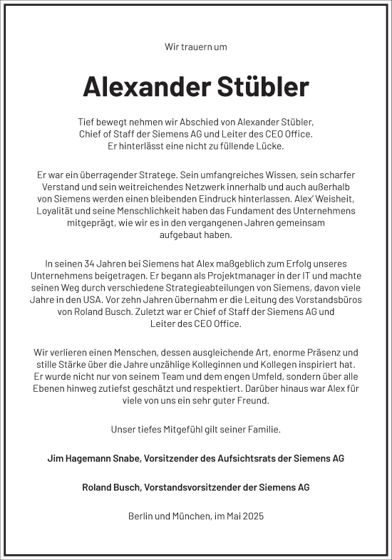 Traueranzeige von Alexander Stübler von Frankfurter Allgemeine Zeitung