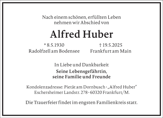 Traueranzeige von Alfred Huber von Frankfurter Allgemeine Zeitung